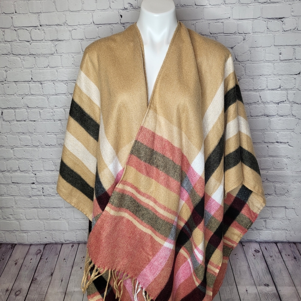 Woolrich Blanket Poncho Shawl - Khaki Tan/Pink/Wine/Gray/White - EUC one size